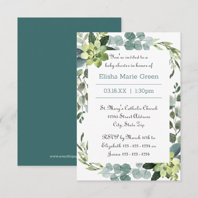 Marco verde azulado para Bouquet - Invitación Baby (Anverso / Reverso)
