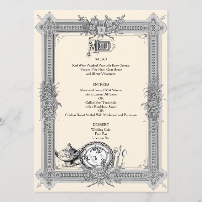 Marco victoriano elegante y menú de bodas antiguas (Anverso)