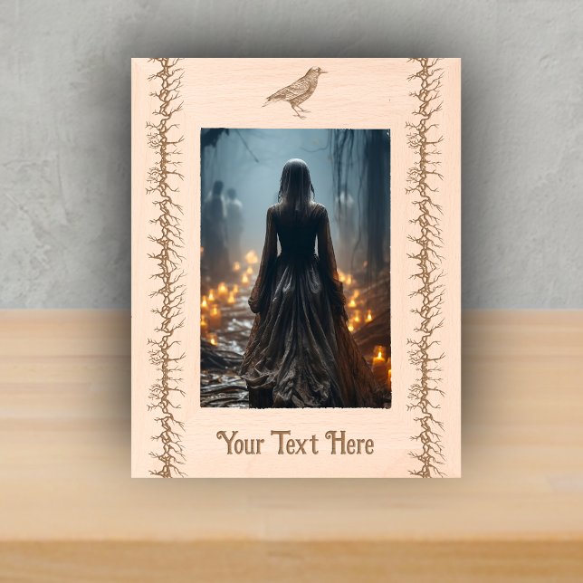 Marcos Grabados Black Etching of Black Crow Barbed Branches Gothic (Black etched crow barged branches on wood picture frame.)