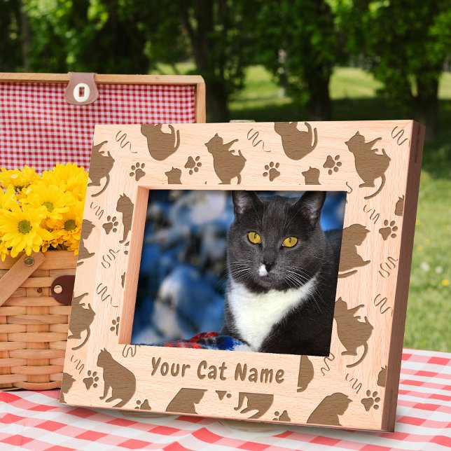 Marcos Grabados Cat Silhouette (Fun and cute cat wooden frame.)