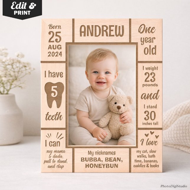 Marcos Grabados Custom First Birthday Milestone Baby Photo Wooden  (Custom First Birthday Milestone Baby Photo Wooden Engraved Frames)