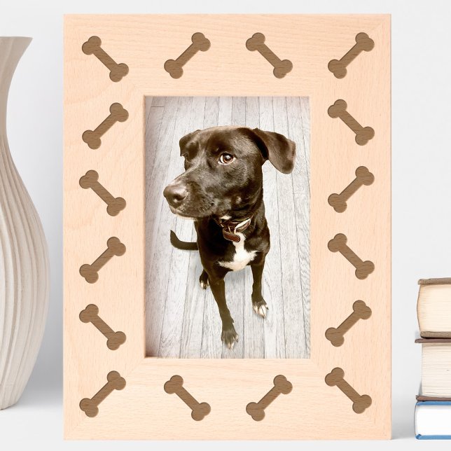 Marcos Grabados Divertido perro de los huesos (Fun dog bones pattern etched wooden photo frame, perfect for pet portraits)