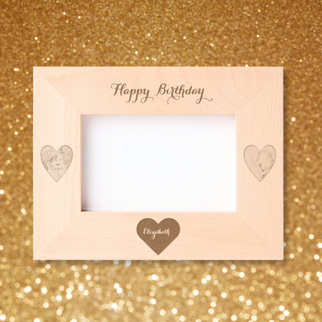 Marcos Grabados Elegante Monograma Foto Corazones Felices Cumpleañ (Elegant Monogram Name Photo Hearts Happy Birthday Engraved Frames)