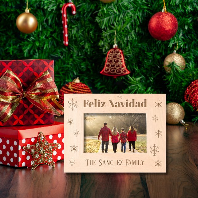 Marcos Grabados Feliz Navidad, nombre de familia Personalizado con (Wooden photo Frame Spanish Christmas, Custom family name, Christian message.)