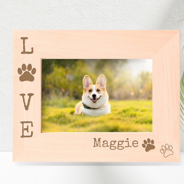 Marcos Grabados Fotografía personalizada moderna de Dog LOVE Paw (Personalized LOVE paw print photo frame.)