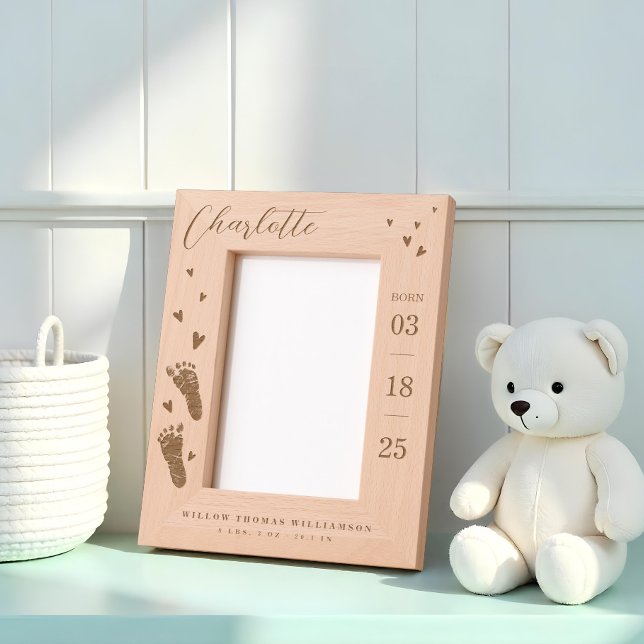 Marcos Grabados Guión de nombre del bebé y estadísticas de nacimie (Baby Name Script & Birth Stats Footprints & Hearts Etched Frames)