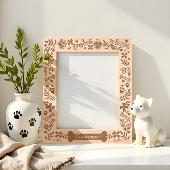 Marcos Grabados Hueso de perro Floral y Mascota de follaje Patrón  (Dog bone Floral & Foliage Pet Paw Print Pattern Etched Frames)