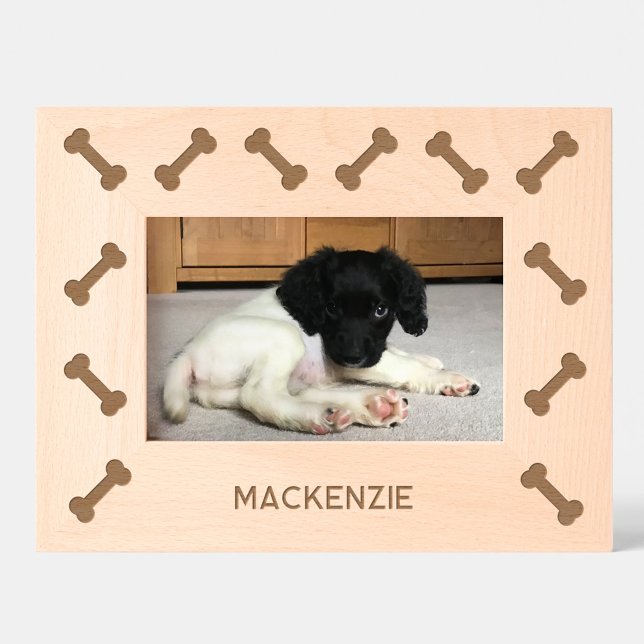 Marcos Grabados Huesos divertidos con nombre de perro personalizad (Fun personalize dog name bones pattern etched wooden frame for pet lovers)