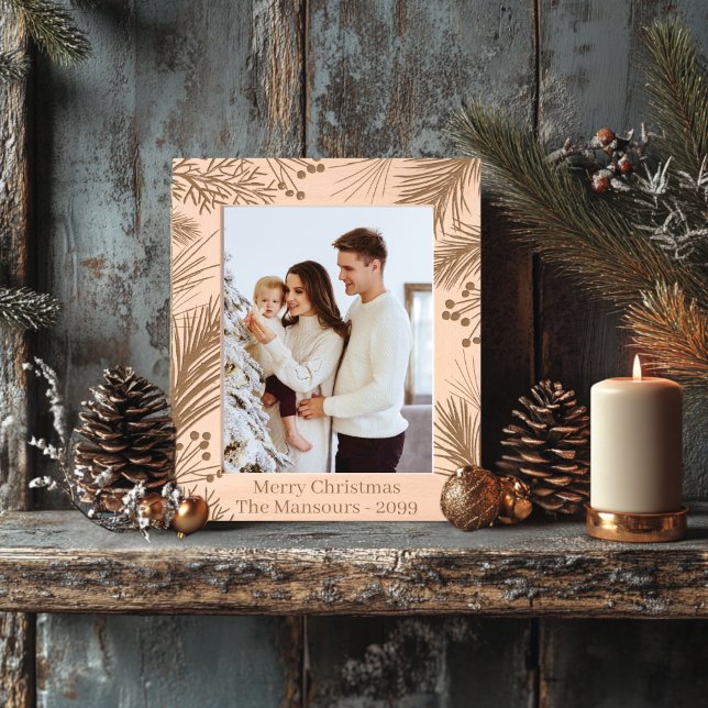 Marcos Grabados Madera de árbol de Navidad (Personalizable Christmas Pine and Holly Wooden Etched Frame)