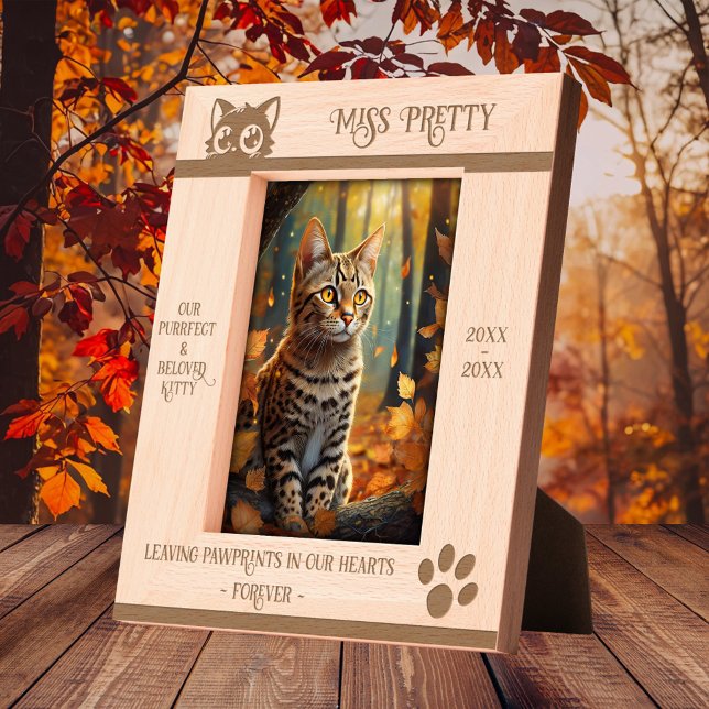 Marcos Grabados Monumento elegante al gato (Etched photo frame featuring a cute kitten silhouette with paw print - cat memorial - keepsake)