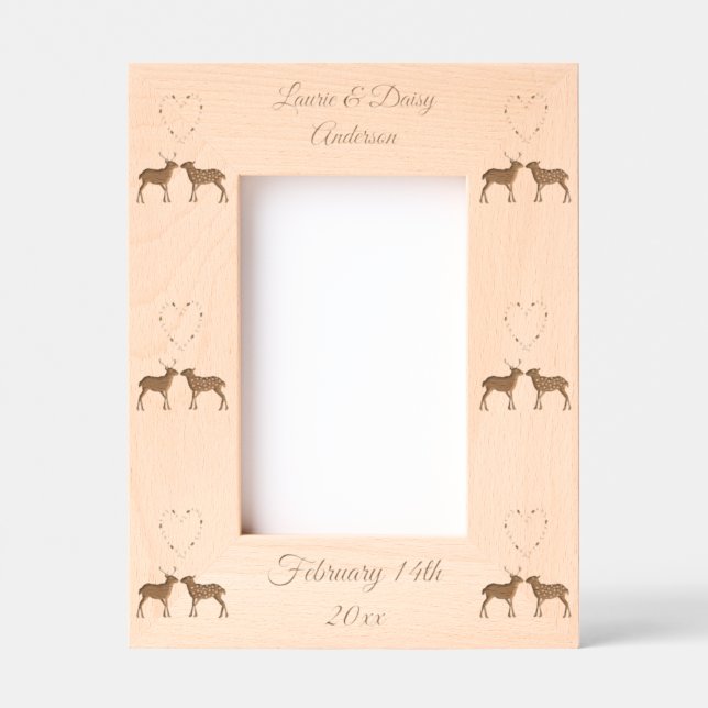 Marcos Grabados Pareja de ciervos y boda personalizada de corazón  (Anverso)