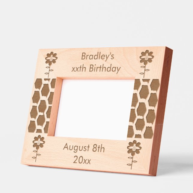 Marcos Grabados Personalizado de cumpleaños azul de Happy Bee Day  (Izquierda)