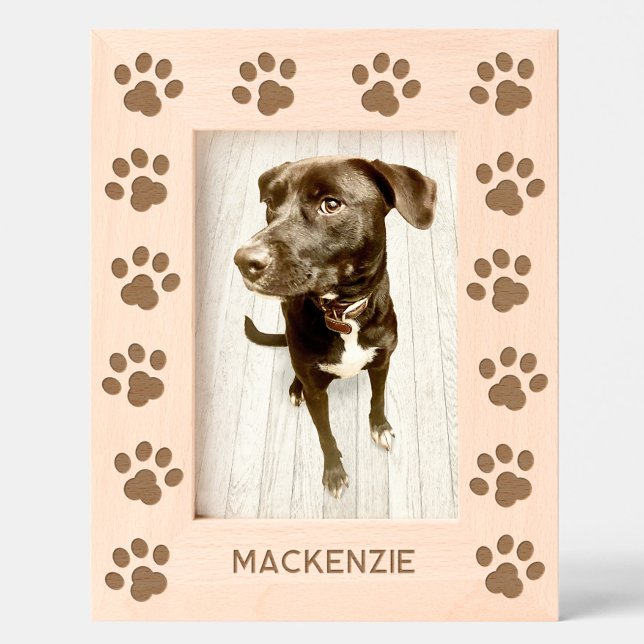 Marcos Grabados Personalized Dog Name Paw Prints (Cute personalized pet dog name paw prints etched wooden photo frame)