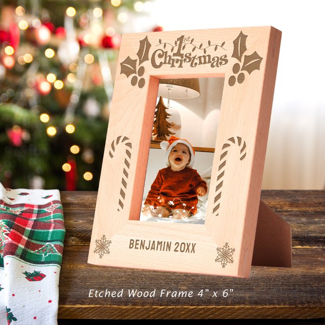 Marcos Grabados Primera Navidad Holly, Candy Canes, Mostrar nombre (First Christmas Holly, Candy Canes, Show Name 4x6 Etched Frames)