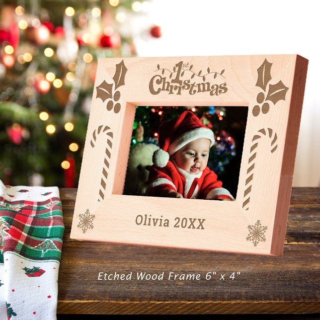 Marcos Grabados Primera Navidad Holly, Candy Canes, Mostrar nombre (First Christmas Holly, Candy Canes, Show Name 6x4 Etched Frame)