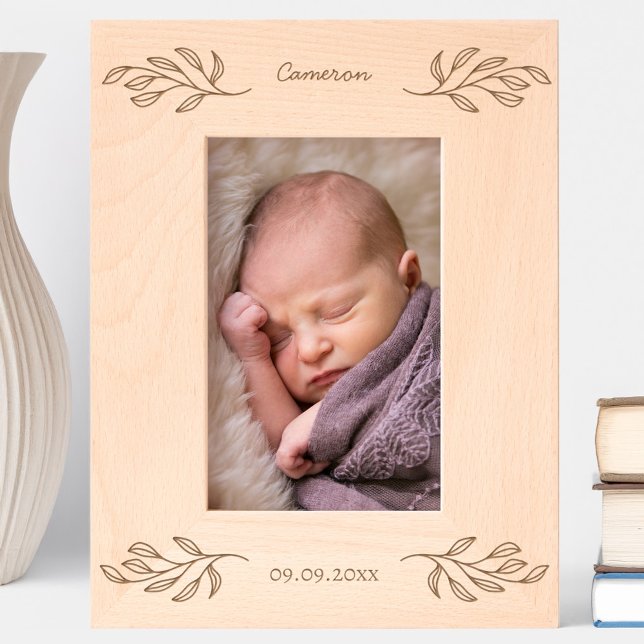Marcos Grabados Recién nacido Nombre personalizado Fecha de las ho (New baby name date botanical leaf elegant etched wooden photo frame)