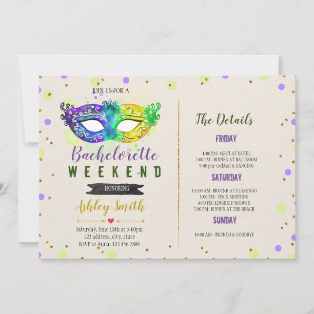 Mardi gras bachelorette Invitación itineraria (Anverso)