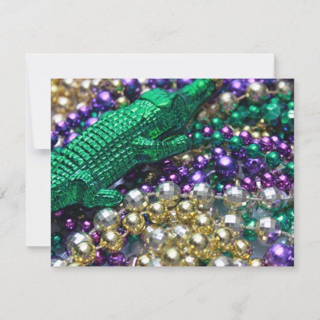 Mardi Gras Beads & Green Gator Invitaciones (Anverso)
