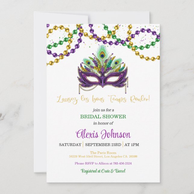 Mardi Gras Bridal Shower Beads Invitación - Blanco (Anverso)