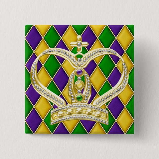 Mardi Gras Harlequin botón cuadrado con corona (Anverso)