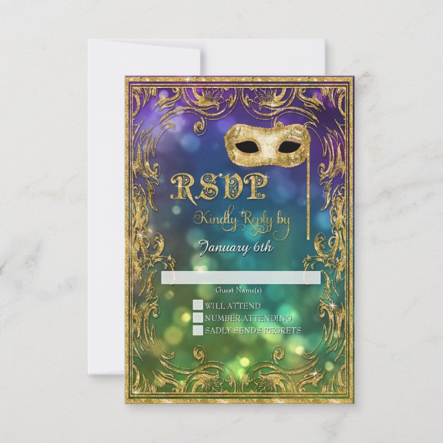 Mardi Gras Masquerade Mask Gold Purpurina RSVP (Anverso)