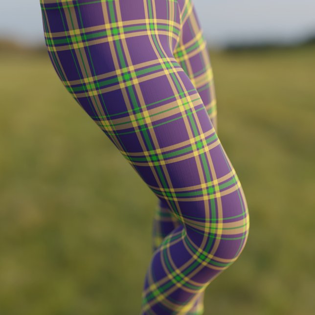 Mardi Gras Plaid Purple Green Gold Tartán Leggings (Celebrate Fat Tuesday in style in a pair of Purple Gold and Green Mardi Gras Tartan Leggings)