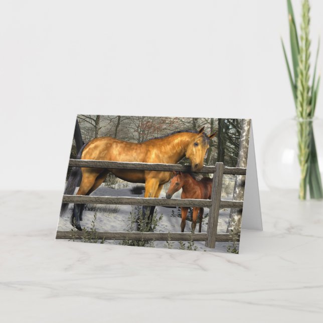 Mare y Foal en la tarjeta de Navidades de invierno (Anverso)