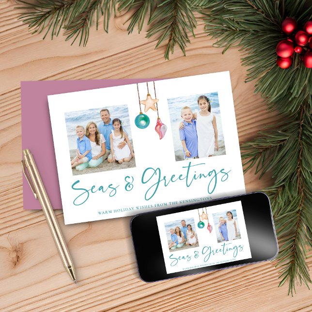 Mares y saludos, foto de navidad rosada (Seas and Greetings Pink Shell Holiday Photo Card)