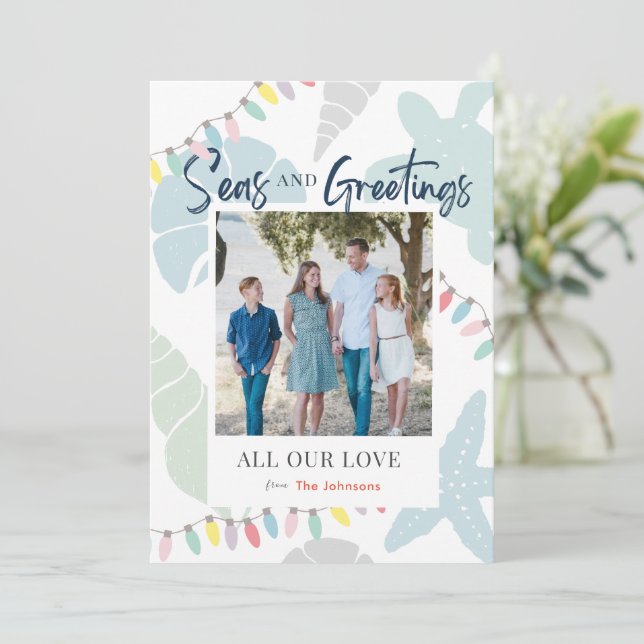 Mares y saludos Marea y tarjeta fotográfica navide (Anverso de pie)