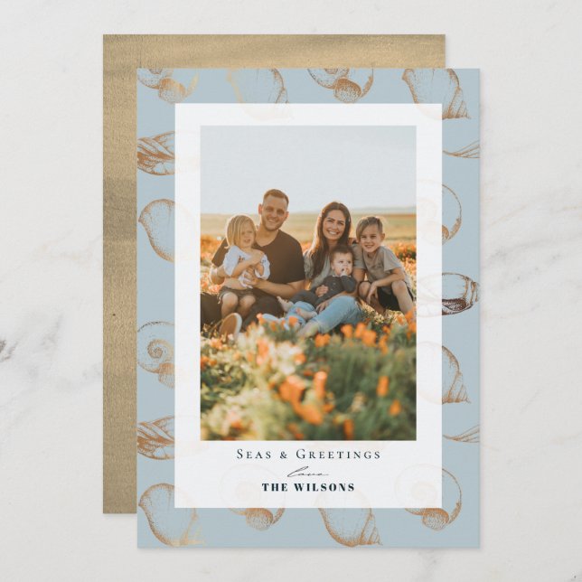 Mares y saludos Seashell Blue Holiday Tarjeta foto (Anverso / Reverso)