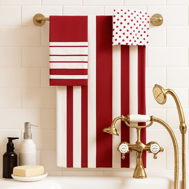 Marfil Burgundy Stripes Polka Dots (A classic bathroom towel set in ivory and burgundy with stripes and polka dots)