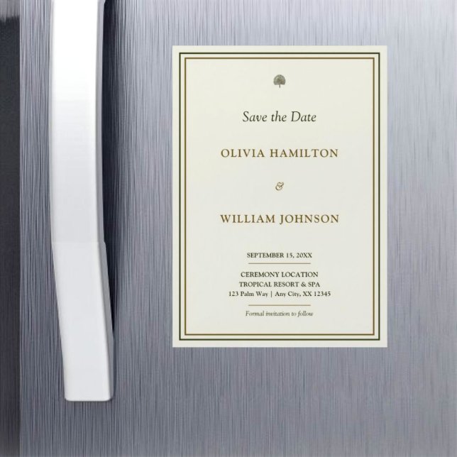 Marfil y oro Vertical Salven el imán de fecha (A chic 5x7 ivory and gold border Save the Date magnet your guests will love keeping on display.)
