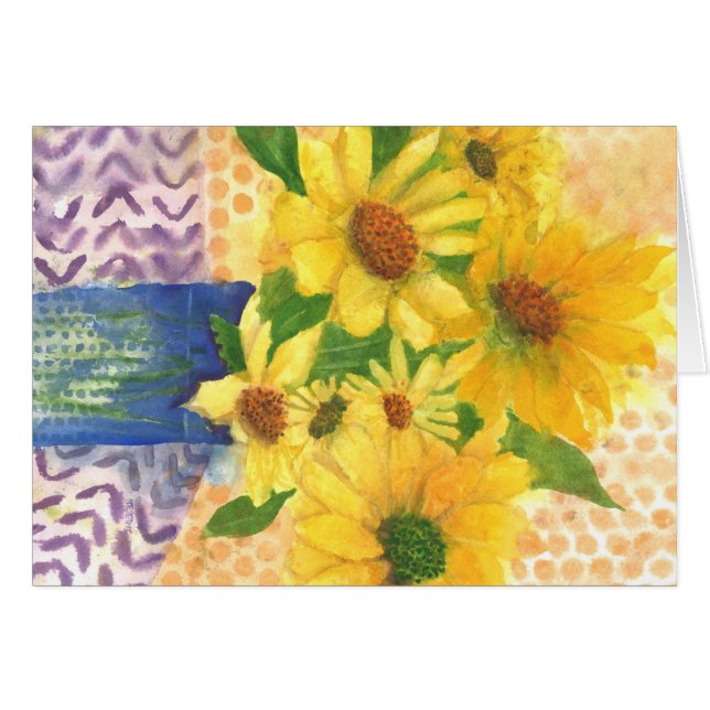 margaritas amarillas en jarrón azul (Anverso (Horizontal))