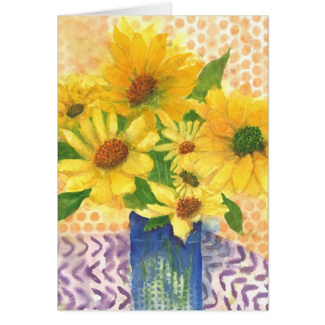 margaritas amarillas en jarrón azul (Frente)