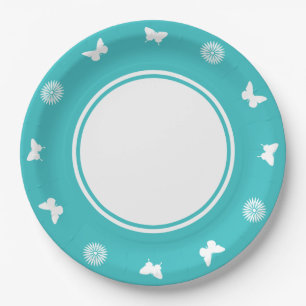 Margaritas y Mariposas en Plato de Papel Turquesa