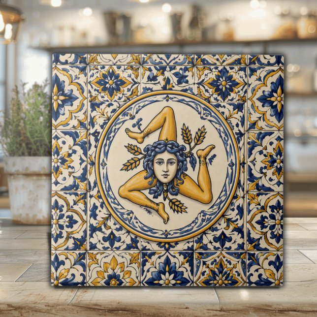 Marina siciliana y baldosas cerámicas doradas con  (Richly colored Sicilian ceramic tile with navy geometric ornamental pattern and circular Trinacria)