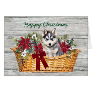 Marioneta Husky siberiana en tarjeta de Navidades