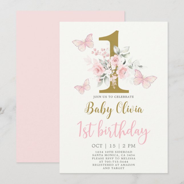 Mariposa 1ª invitación de cumpleaños (Anverso / Reverso)