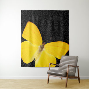 Mariposa Amarilla Elegante Tapiz de Damasco Negro