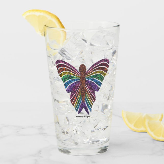 Mariposa arco iris - Copa de vidrio (16 oz) (Anverso (hielo))