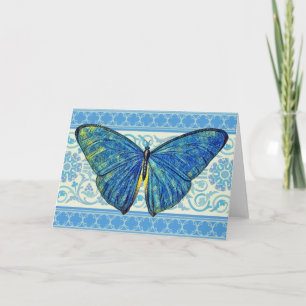 Mariposa azul Artsy en tarjeta de patrón Art Deco