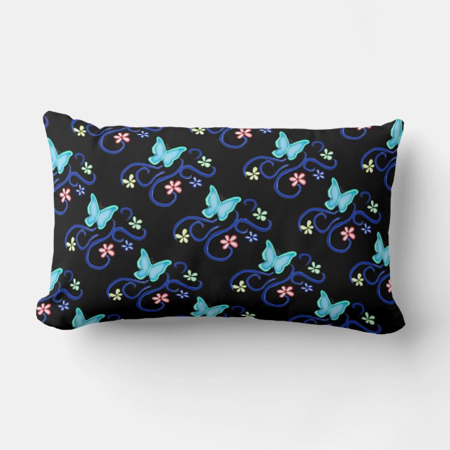 Mariposa azul con flor de primavera almohada lumba (Anverso)