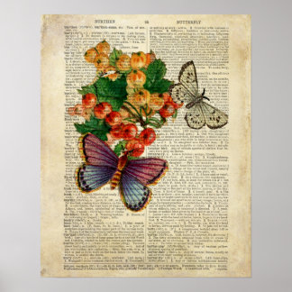 Mariposa azul con flores rojas Arte vintage