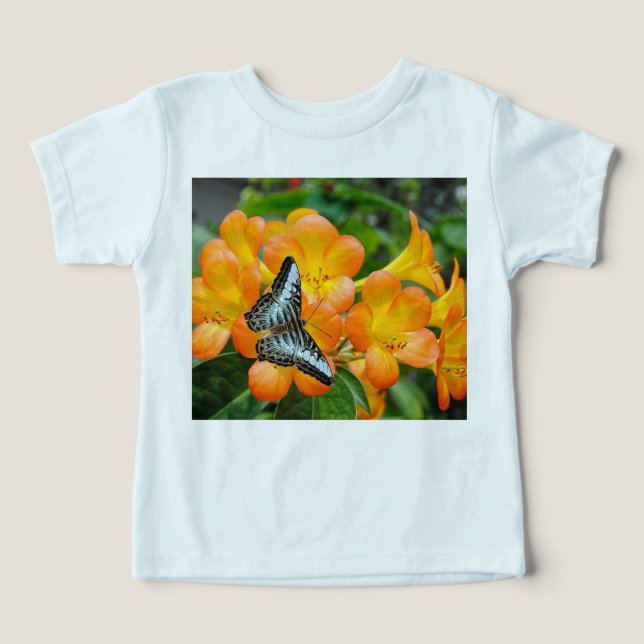 Mariposa azul con Rododendrón tropical (Diseño delantero )