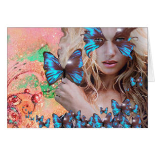 MARIPOSA AZUL EN DESTELLOS DE ROSA VERDE Y ORO