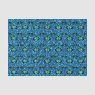 Mariposa azul en el papel seda azul del purpurina