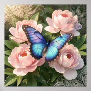 Mariposa Azul Morpho Arte Floral Botánico Poste