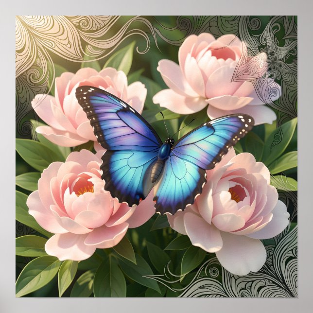 Mariposa Azul Morpho Arte Floral Botánico Poste (Frente)
