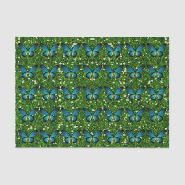 Mariposa Azul Sobre Papel De Tejido Verde Purpurin (Anverso)