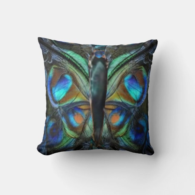 Mariposa azul verde iridiscente en almohada (Anverso)